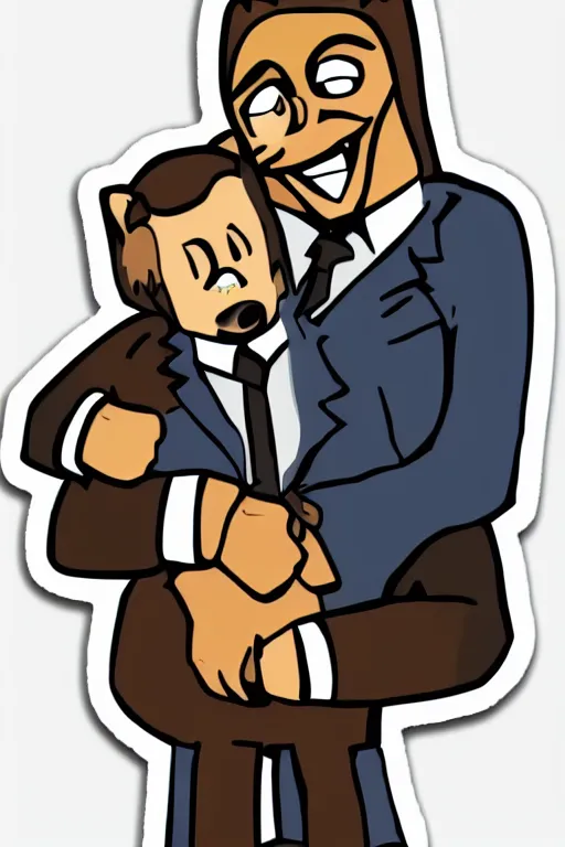 Image similar to the big bad wolf wearing a suit hugging his son, colorful, sticker, vector art, clean,