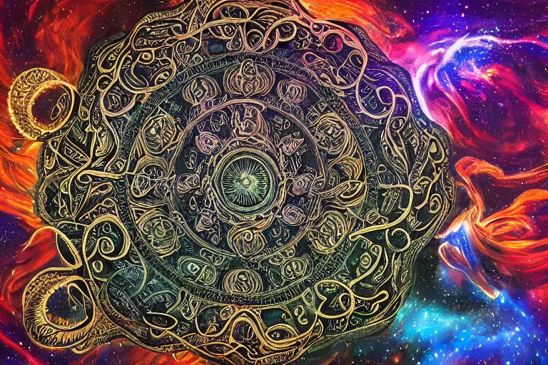 Image similar to a intricate mandala of skulls and flesh with deep and intricate rune carvings and twisting lovecraftian tentacles emerging from a space nebula by dan mumford, twirling smoke trails, a twisting vortex of dying galaxies, collapsing stars, digital art, photorealistic, vivid colors, highly detailed, intricate