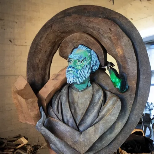 Prompt: A sculpture a preacher Dante Gebel made pure recycle materials trash, Rebecca Sugar