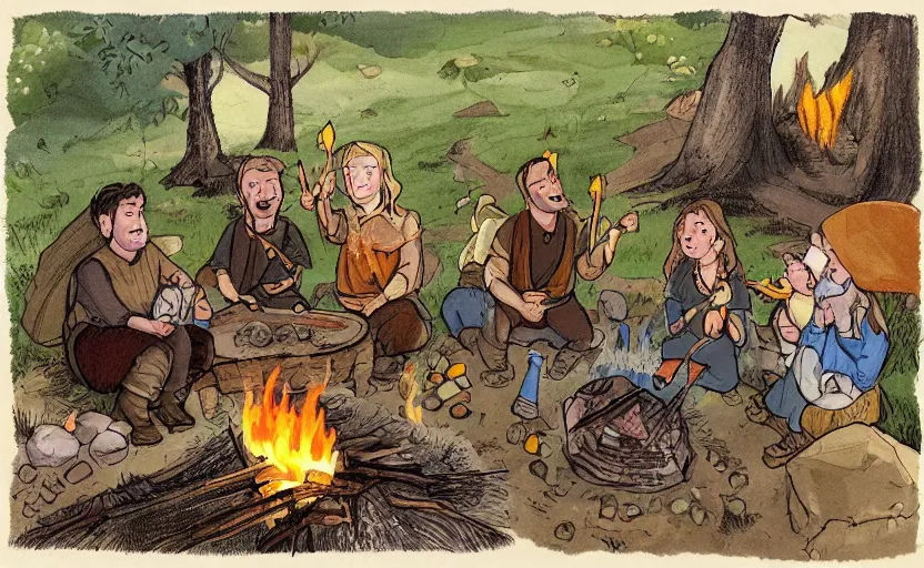 Image similar to childrens book illustration of the fellowship of the ring roasting marshmallows and making s'mores around a campfire