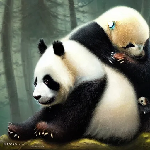 Prompt: Fuzzy panda mother holding her adorable fuzzy panda babies, by Greg Rutkowski and Thomas Kinkade, intricate detail, trending on artstation 4k, dramatic lighting.