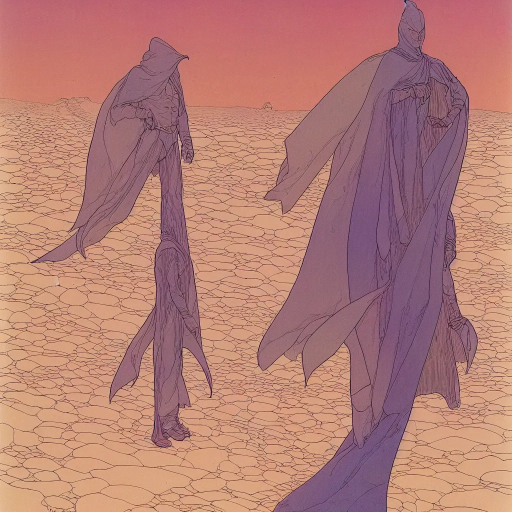 Image similar to a beautiful lcentered illustration by jean giraud and moebius of a man with a fine cloak white, desert, intrincate, super detailed, futurism scheme