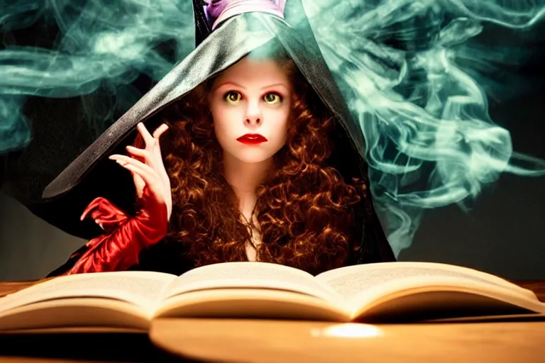 Image similar to close up portrait, dramatic lighting, teen witch casting a spell over a large open book on a table with dynamic action, cat on the table in front of her, sage smoke, a witch hat cloak, apothecary shelves in the background, still from tim burton movie,