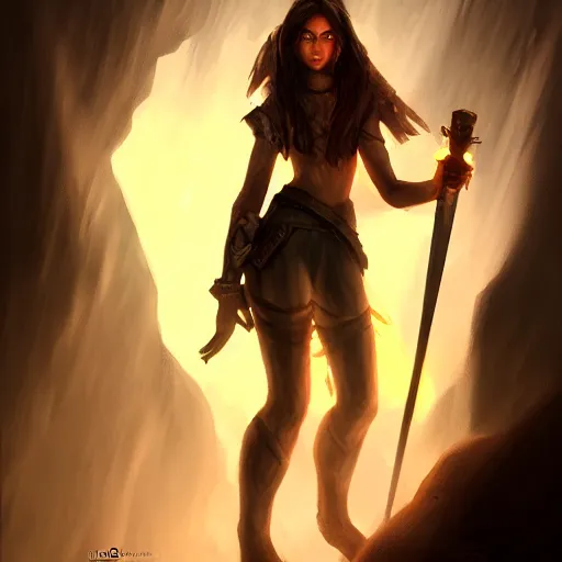 Image similar to a epic hero adventurer holding a torch in a dark cave, artgerm, realistic, cryengine, symmetric