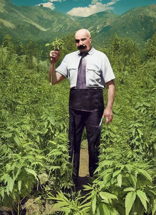 Prompt: digital portrait of a person looking like alexander lukashenko cultivating weed in mountains, hot sun, photo realism