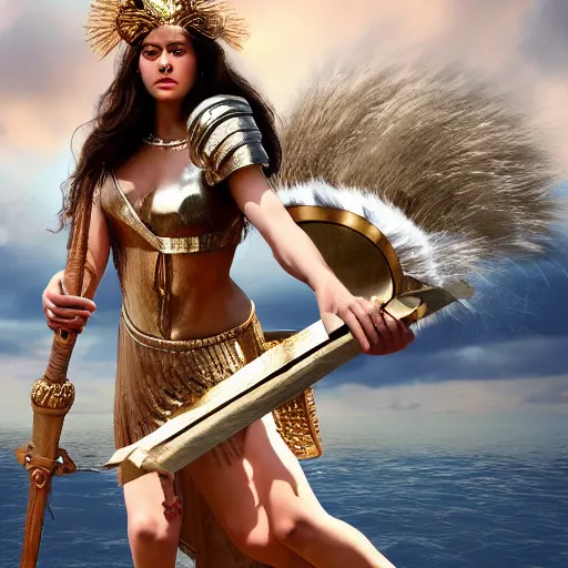 Image similar to Greek goddess Athena fighting with stupidity, stupidity is represented by internet influencers, realistic person, spear in the right hand, long hair, natural look, realistic photography, hyper realistic, highly detailed, 4k, battle landscape