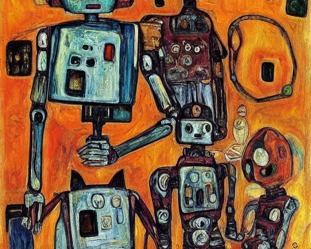 Image similar to a painting of a robot family by graham sutherland, egon schiele, expressionism