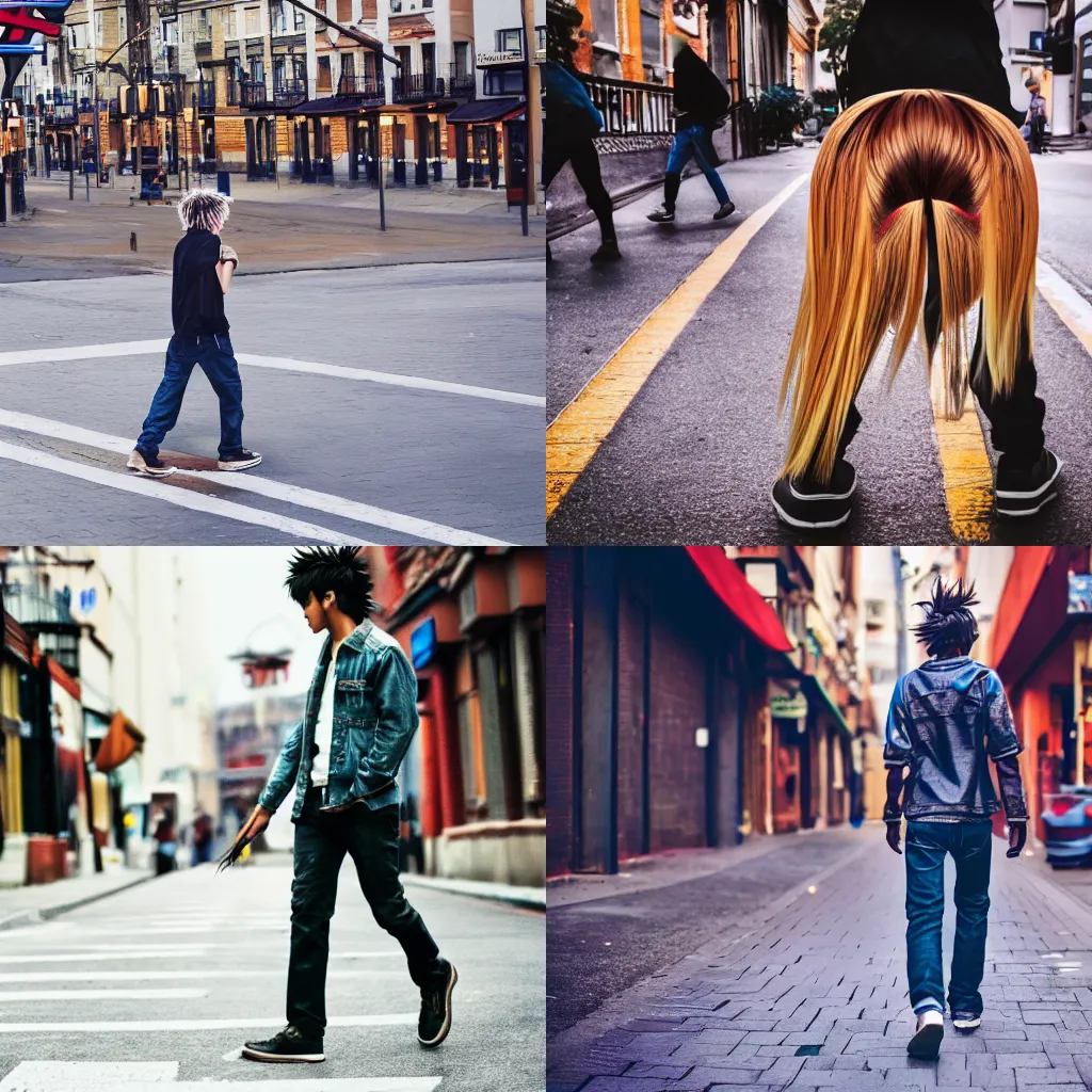 Prompt: Photo Of A Person Walking On The Street With Yugi Motos Hair From Yugioh, 4K