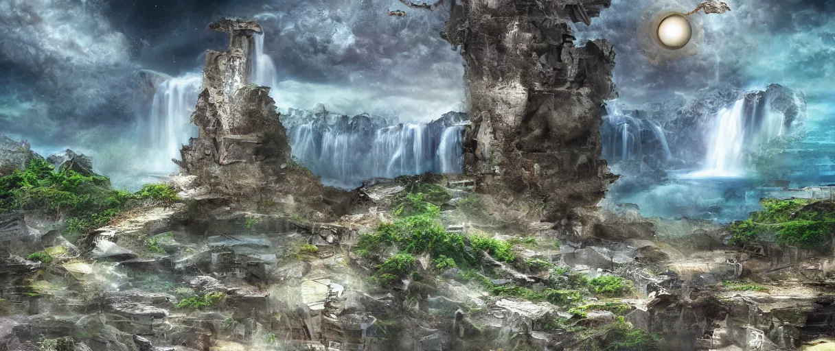 Image similar to a crumbling island in space, waterfalls, in style bruce ricker, digital art, detailed, depth of field