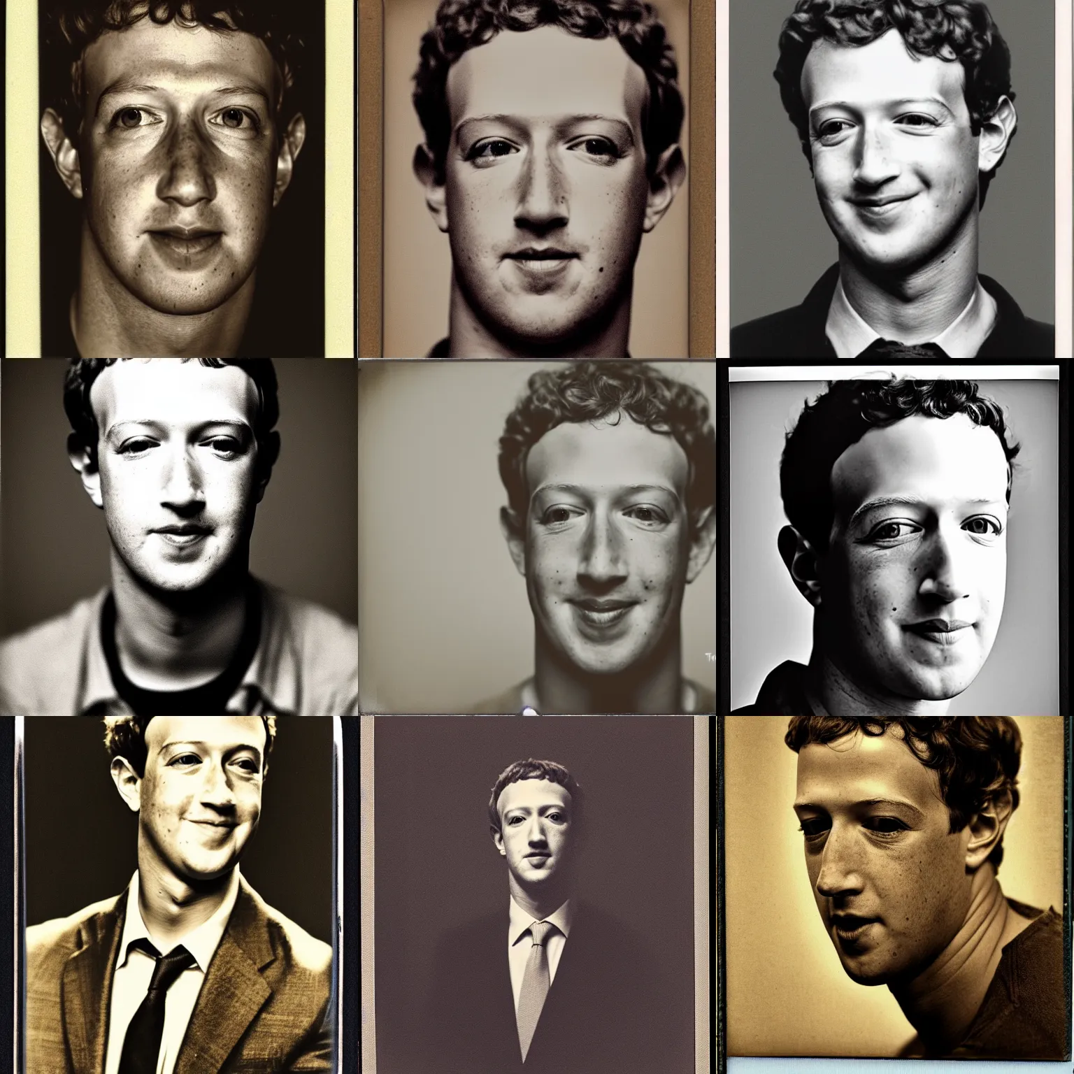 Prompt: mark zuckerberg portrait very close photograph, sepia polaroid by wild west cowboy by true west archives