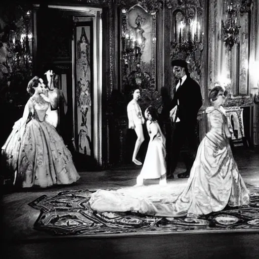 Image similar to ballroom scene from the leopard by luchino visconti with alain delon and claudia cardinale set in the 1 9 th century in an italian villa. technicolor!!!!, highly intricate, 5 0 mm