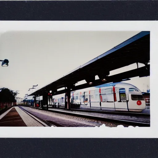 Prompt: polaroid photo of a retrofuturistic train station