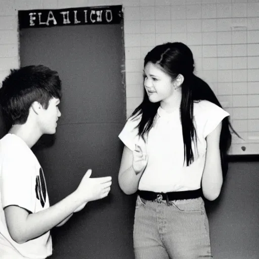 Prompt: candid photo of two high school students talking to each other in a classroom in 1 9 9 1, flash photography, grainy film, kodak 1 0 0 speed film