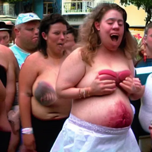 Image similar to Woman winning an eating contest, huge belly almost bursting from overeating.
