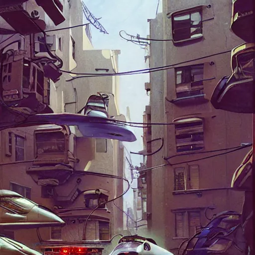 Image similar to detailed 3d render painting of a scifi street with nylon fashion and flying cars. cinematic, artstation, syd mead, beksinski, norman rockwell, egon schiele