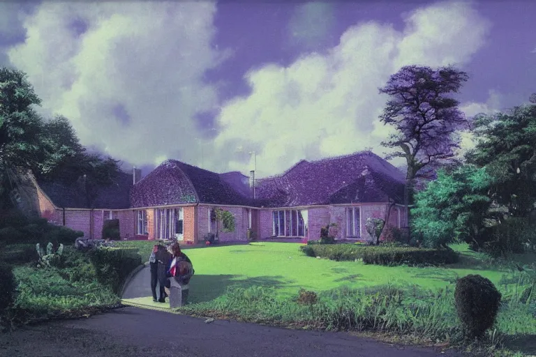 Image similar to vaporwave, an estate agent listing photo, external view of a 5 bedroom detached countryside house in the UK, by Paul Lehr