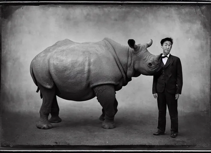 Prompt: wet plate photography, young asian man in black suit, giant rhinoceros background