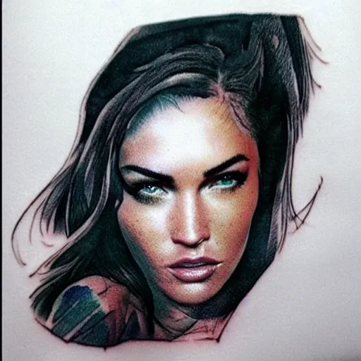 Image similar to double - exposure tattoo sketch of megan fox blended in beautiful mountains, in the style of dan mountford