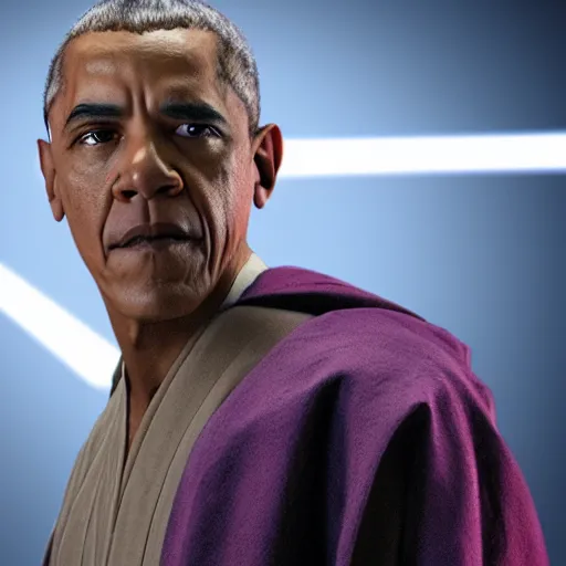 Image similar to obama as mace windu in star wars episode 3, 8 k resolution, cinematic lighting, anatomically correct