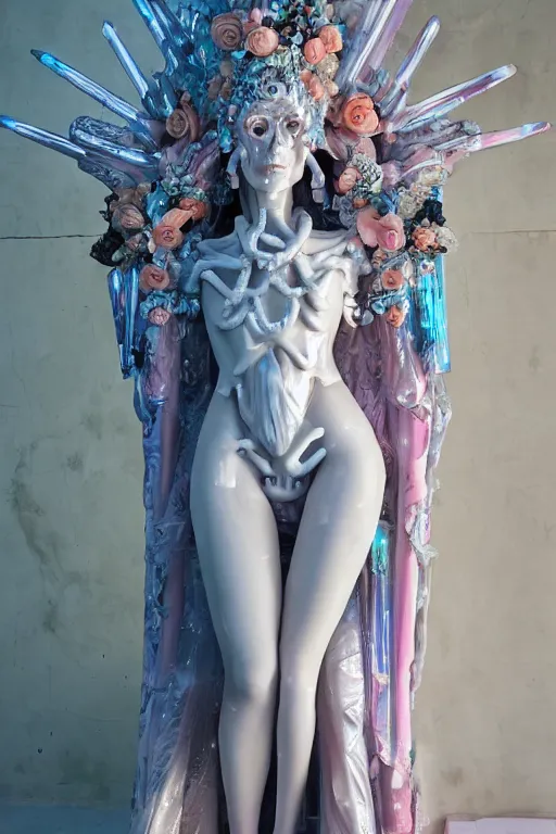 Image similar to photo of full-body baroque and cyberpunk delicate neon crystalline sculpture of ((beautiful feminie albino Spanish princess)) as an onyx humanoid deity wearing ((peach plastic hooded cloak)) (holding an onyx skull) in a onyx aztec temple, reclining, glowing blue face, crown of (pink lasers), large blue diamonds, swirling black silk fabric. futuristic elements. oozing glowing liquid, full-length view. space robots. intricate artwork by caravaggio. Trending on artstation, octane render, cinematic lighting from the right, hyper realism, photorealistic, octane render, 8k, depth of field, 3D