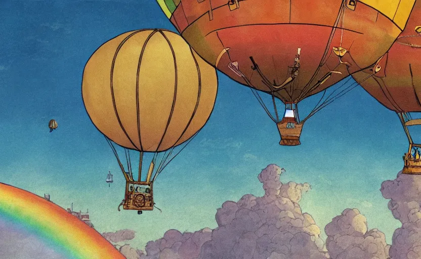 Image similar to steampunk hot air balloon flying through a double rainbow, detailed digital concept art, 4 k movie still, comic book full page by studio ghibli and winsor mccay