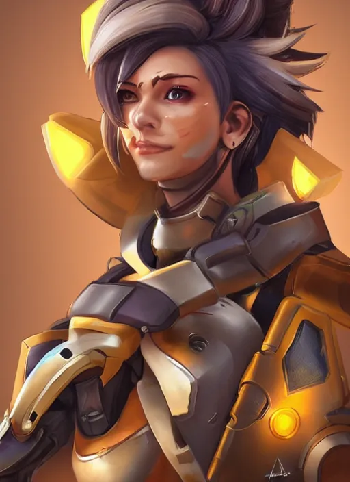 Image similar to a hyper realistic image of a female warrior wearing overwatch armor, tracer, mercy from overwatch, concept art, concept armor, artstation