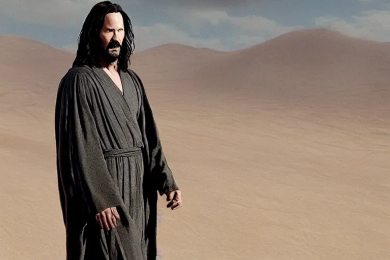 Prompt: promotional image of Keanu Reeves as Jesus Christ in the new movie directed by Christopher Nolan, wearing robes and holding a book, walking through the desert, movie still, promotional image, imax 70 mm footage