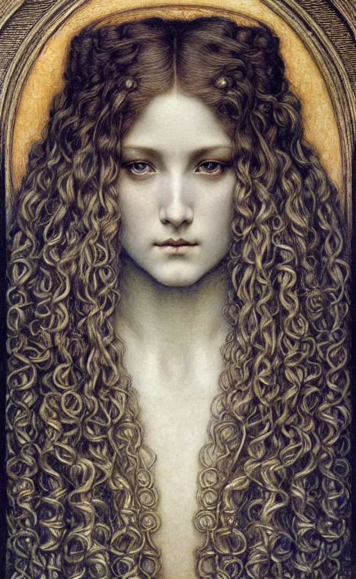 Image similar to detailed realistic beautiful young medieval queen face portrait by jean delville, gustave dore and marco mazzoni, art nouveau, symbolist, visionary, gothic, pre - raphaelite. horizontal symmetry