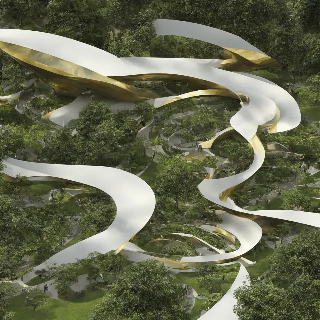 Prompt: “ an incredibly smooth curvilinear architectural sculpture, unfolding continuous golden surfaces enclose a visually interesting garden designed by zaha hadid, architecture render ”