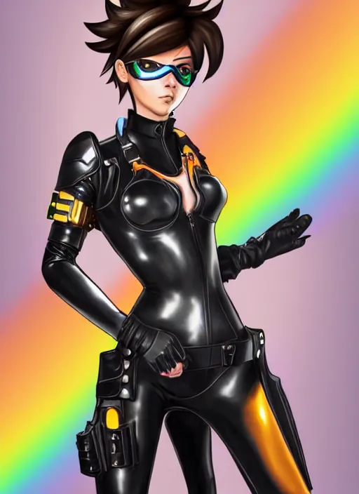 Image similar to full body digital artwork of tracer overwatch, confident pose, wearing black iridescent rainbow latex, 4 k, expressive happy smug expression, makeup, in style of mark arian, wearing detailed black leather collar, wearing sleek armor, black leather harness, expressive detailed face and eyes,