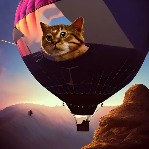 Image similar to Over-the,shoulder shot of a cat sitting in a hot air balloon, sunset time, steampunk tyle, digital art, matte painting, trending on artstation and unreal engine