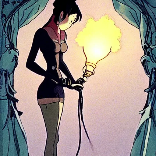 Image similar to a woman in a black corset holding a lantern at night, a screenshot by studio ghibli, tumblr, symbolism, mystical, enchanting, fantasy film
