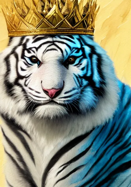 Image similar to furry art, watercolor of a white tiger king with gold crown and blue king suit, concept art, portrait, super detailed, 4 k hd, trending on artstation, deviantart, octane render, cry engine, unreal engine 8 k, cycles x, digital painted, low contrast, made by greg rutkowski and viktoria gavrilenko