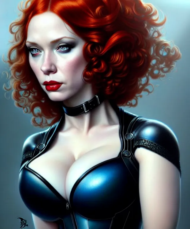 Prompt: christina hendricks as black widow, beautiful face, highly detailed face!!!, blue eyes, big breasts!!, opened dress, true anatomy!, extremely detailed!, digital painting, unreal engine 5, art by tom bagshaw