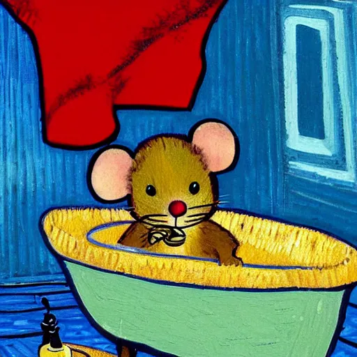 Image similar to Mouse with a cup of coffee in a bathtub in the style of Van Gogh