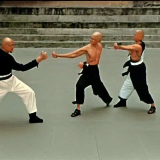 Image similar to Donald Trump versus Obama, kung fu fight, film still from the 36th Chamber of Shaolin