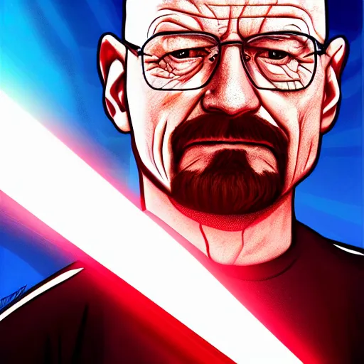 Image similar to Walter White holding a red light saber, accurate anatomy, accurate hands, highly detailed, digital art, portrait,