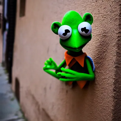 Prompt: DSLR photo of Kermit the frog drunk in a back alley