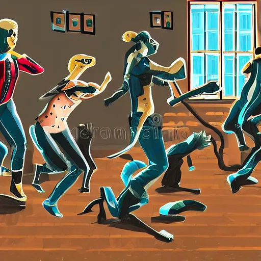 Image similar to group of cyborgs dancing in a 1 8 th century room in the sky, in different depth, one cyborg eating snacks close to camera, large windows, modern city outside of big windows, daytime, happy, cables everywhere, cables on walls, detailed, wooden parquet, old furniture, childrens book illustration