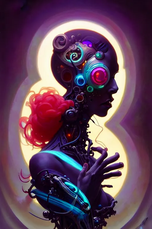 Image similar to portrait, biomechanical bioluminescent creature, cyberpunk, elegant baroque, asymmetrical art, hyperrealism, colorful, vivid, imposing, epic, digital painting, artstation, concept art, by peter mohrbacher and wlop and rhads and artgerm and magali villeneuve and alphonse mucha