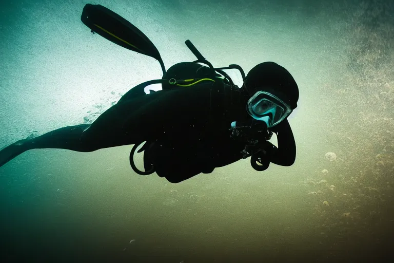 Image similar to a ominous scuba diver swimming underwater, photo-realistic low lighting, creepy, vast, shot by a camera,