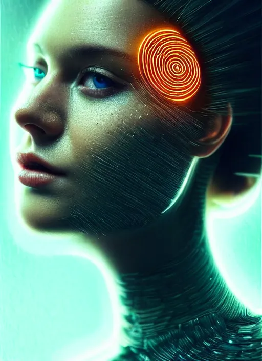 Prompt: a highly detailed long shot photo of intricate female face portrait, futurism, rococo, cyber neon lighting, detailed futuristic fibonacci jewelry, profile posing, hyper photorealistic, crispy quality, digital photography, trending in pinterest, cinematic, 4 k ultra hd, art by pascal blanche, art by greg rutkowski, art by artgerm,