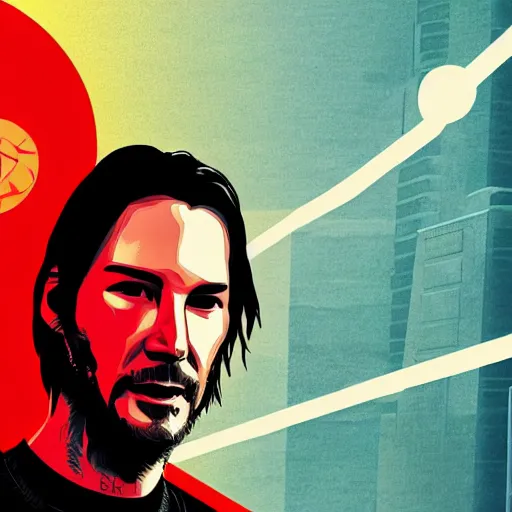 Prompt: Illustrated by Shepard Fairey and H.R. Geiger | Cyberpunk Keanu Reeves with VR helmet, surrounded by cables