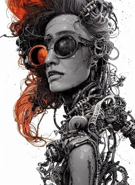 Image similar to highly detailed portrait of wasteland punk long curly fire hair tribal lady, stray wiring by atey ghailan, james gilleard, by joe fenton, by greg rutkowski, by greg tocchini, by kaethe butcher, 4 k resolution, gradient red, orange, black and white color scheme!!! ( ( flaming robotic dystopian city spiral background ) )