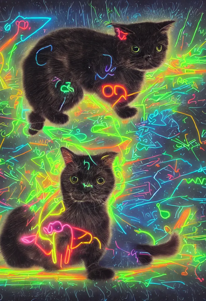 Prompt: cfa champion dark tortie scottish fold cat, cute feet long tail, radiant data visualization mathematical diagrams hologram overlay revealing complex inner machinations calculating sparrows flight trajectory, detailed annotated painting, grisaille dark monochrome with neon fluorescent color airbrush spraypaint accents, by jules julien, wes anderson, lisa frank, basquiat, octane render 4 k