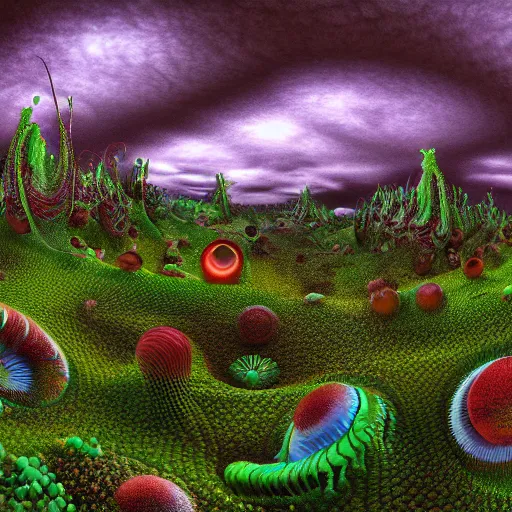 Image similar to bio-inspired design, alien nature, reaction-diffusion panoramic,octane render,michael whelan style,psychedelic clouds