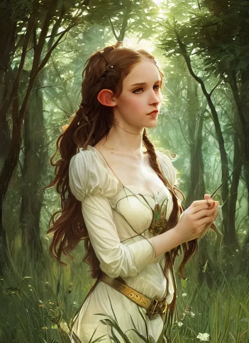 Prompt: A beautiful full portrait of a stunning young female elf on a beautiful lush forest meadow, afternoon, art by Artgerm and Greg Rutkowski and Alphonse Mucha, DAZ, hyperrealistic, ambient light, dynamic light, vray