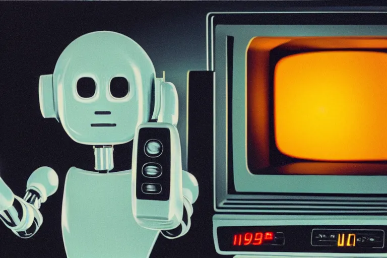 Image similar to retro robot sticking her head inside of a microwave, from 1985, bathed in the glow of a crt television, low-light photograph, in the style of jack bridgeland