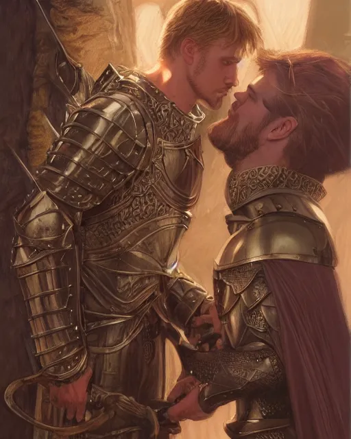 Image similar to attractive arthur pendragon confesses his love for his attractive male knight, highly detailed, very intricate, cinematic lighting, by donato giancola and rossdraws and magali villenueve, featured on artstation