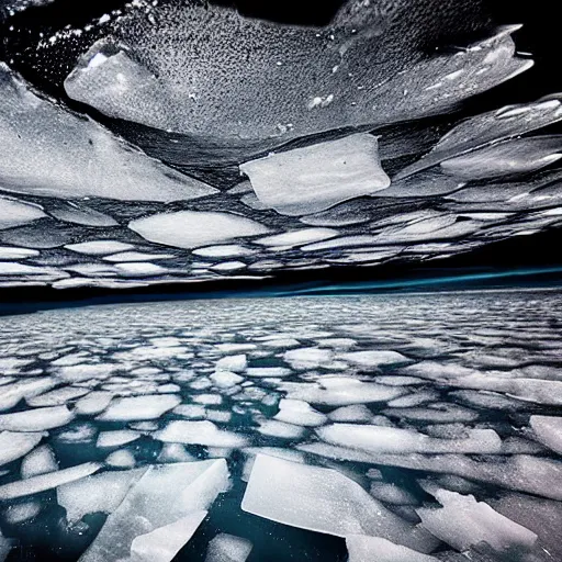 Prompt: “ a scene showing the underside of solid sea ice, photograph taken under the ice but above the water ”